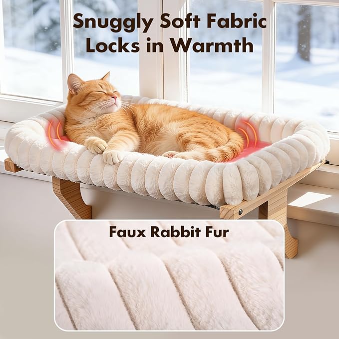 Cloud-Cuddle Cat Perch for Window Sill with Bolster, Natural Wood & Metal Frame Cat Window Seat for Large Cats, Easy to Adjust Zipper Cushion Pet Bed for Windowsill (Medium)