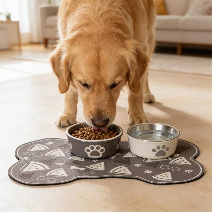 Dog Food Mat, 0.15” Thickened Super Absorbent Pet Feeding Mat for Food and Water, Fruit Donut Pattern Cat Placemat, Quick Dry Non-Slip Dog Bowl Mat, Water Splash Proof（Medium Strawberry Pink）