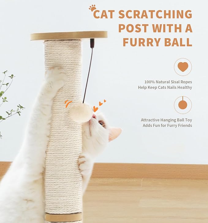Made4Pets Cat Scratching Post Cat Scratcher Kitten Toys for Indoor Cats Wooden Ball Track Two-Layer Modern Sisal 23.4" Tall Scratch Post Interactive Toy with Dangling Ball Middle Size