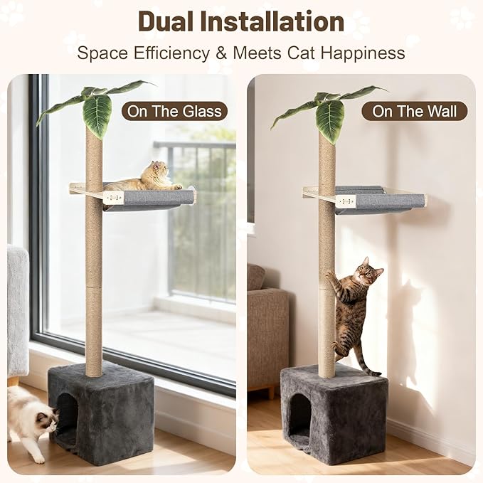 XiaZ Cat Window Perch with Tall Scratching Post, 58" Cats Window Hammock with Cat Condo, Multi-Level Cats Scratching Post for Climbing, Sleeping & Watching Birds
