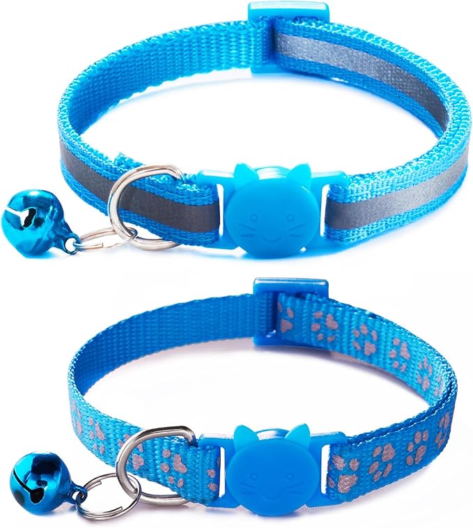 Breakaway Kitten Collar with Bells, [2 Pack] Light Blue Break Away Cat Collar with Bells, Reflective Cat Collar for Boy Cats Kitty
