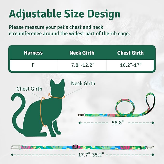 Cat Harness and Leash Set, Anti Escape Adjustable Cat Leash, Comfortable Soft Lightweight, Use Safe & Easy, Suitable for Small, Walking Kitten Harness for Large Medium Small Cats, Hawaii Green