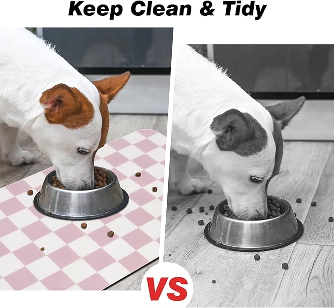 Checkered Dog Food Mat, Absorbent Leak-Proof Pet Feeding Mat, Quick Dry Cat Food Mat for Messy Drinkers 16" x 24" Pink