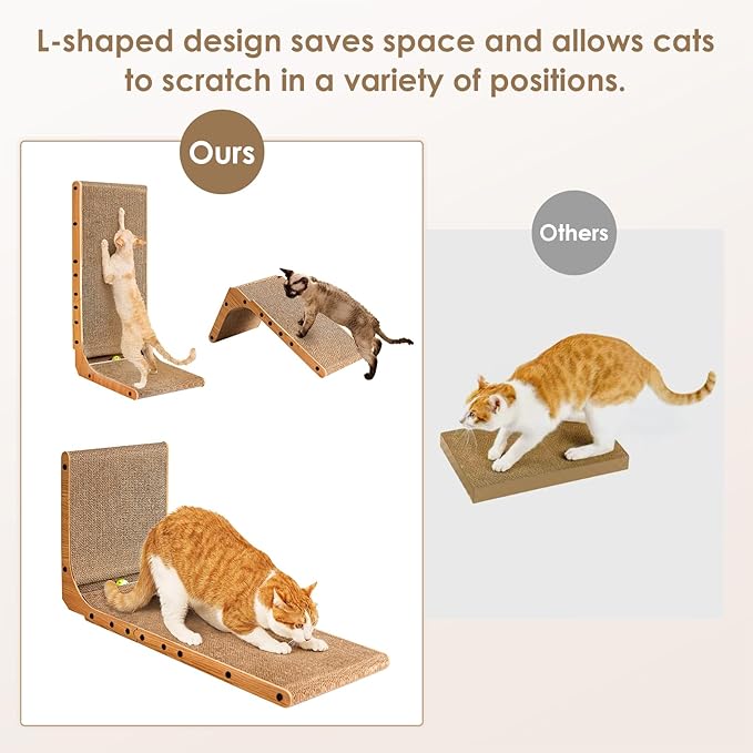 EHEYCIGA Cardboard Cat Scratcher for Indoor Cats, 32 Inch L Shaped Vertical Cat Scratching Board with Ball Cat Toy, Extra Large Cat Scratcher Pad, Brown