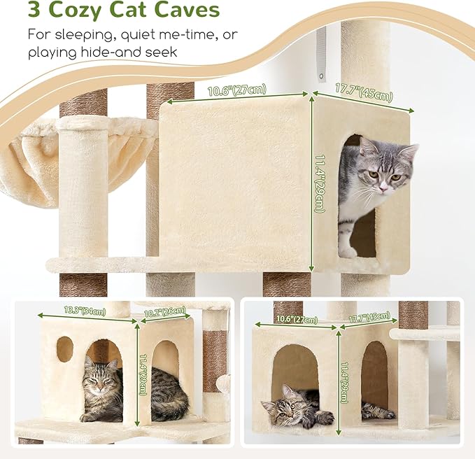 Globlazer Cat Tree Tall, 71 inches Cat Tower for Indoor Adult Cats Multi-Level 3 Condos for Indoor Cats XL Cat Tree Tower with Scratching Posts, Soft Extra Large Hanging Basket, F71, Beige