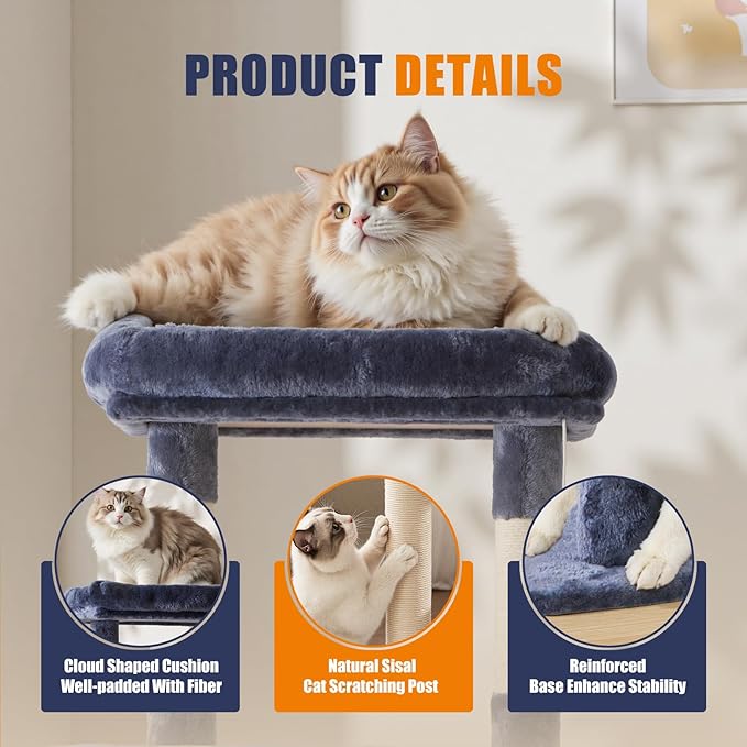 Sweetcrispy 63 inch Cat Tree Tower, Large Multi Level Cat Climbing Tower with Condo, Natural Sisal Scratching Posts, Extended Platform, Hammock, Pet House for Indoor Cats and Kittens Play, Dark Blue