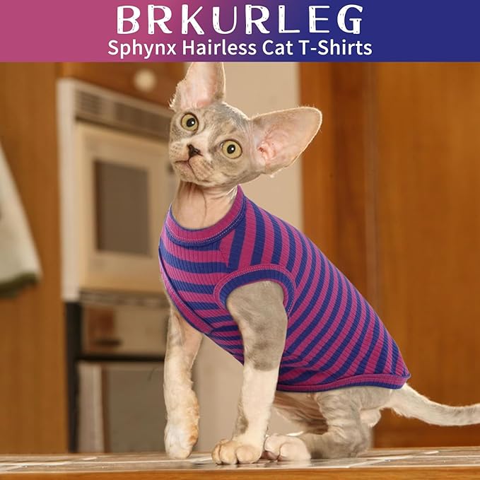 BRKURLEG Sphynx Hairless Cats Shirt Puppy Clothes Soft Cotton T-Shirts Cute Cats Pajamas Cat Stripes Vest Pet Sweater, Round Collar Vest Kitten Shirts(PinkBlue Stripes, M)