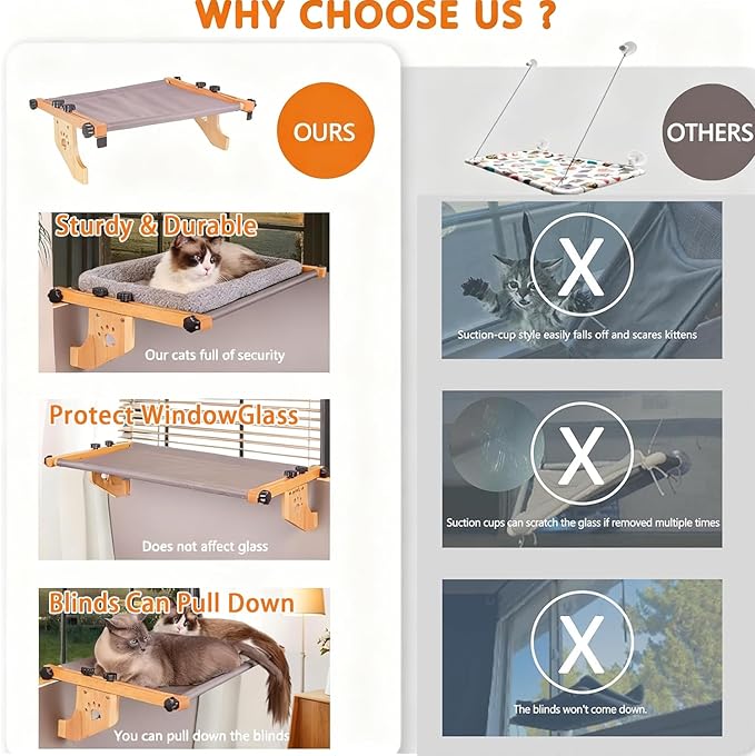 Cat Window Perch - No Drilling Renter-Safe, Adjustable Sill Fit with Sturdy Wood- Metal Frame, Washable Non-Slip Bed, Easy Assembly for Indoor Cats - Ideal for Small Spaces & Multi-Cat Homes(Gray,L)