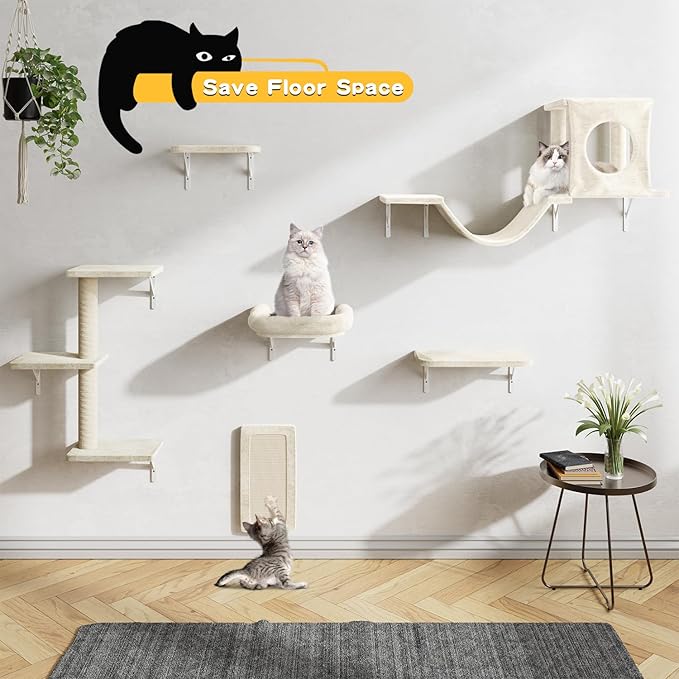 NUNU LAB Cat Wall Shelves, 6 Pcs Luxury Wall-Mounted Cat Climber Set, Indoor Cat Furniture with 1 Condos House, 2 Cat Wall Shelves, 1 Scratching, 1 Bridge Ladder, 1 Scratching Pad, Beige