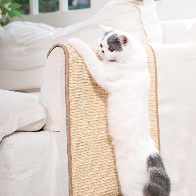 CHEERPALS Sisal Cat Scratcher Mat for Indoor Cats, 23.6 X 15.7 Inch Natural Sisal Fabric Scratching Pad Horizontal Scratch Rug with Sticky Tapes, Protect Couch, Wall and Carpets (White)