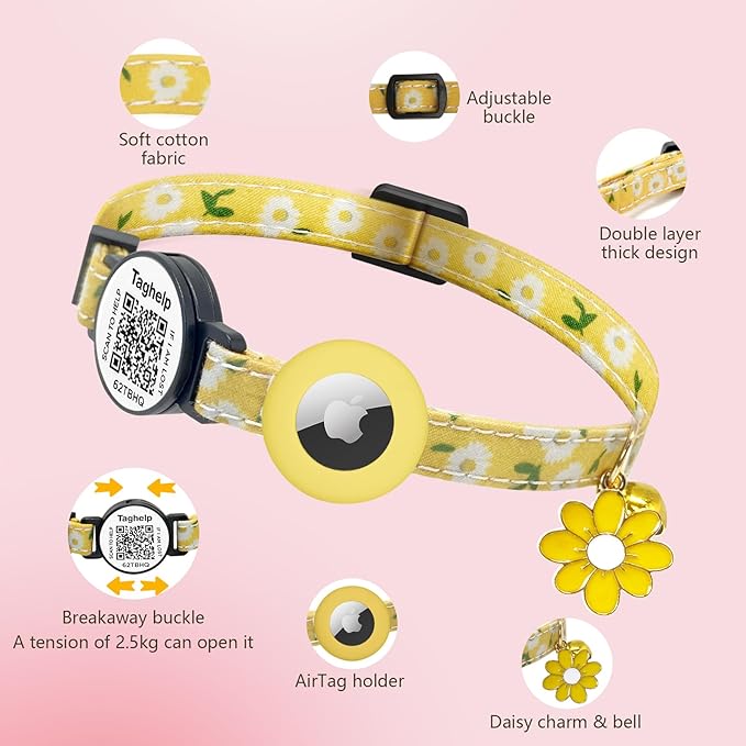 Smart QR Code Cat Collar with Online ID Profile & Integrated Airtag Holder, Breakaway Safety Collar with Bell, Adjustable 8-13in for Cats and Small Dogs(Yellow)