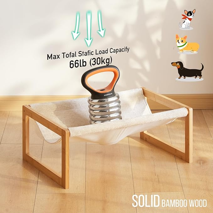 Elevated Cat Bed, Large Cat Hammock Bed, Bamboo Wood Cat Hammock for Outdoor, 25 X 16.5 Inch Elevated Pet Furniture Suitable for Kitty, Puppy, Rabbit, Bunny and Small Animal