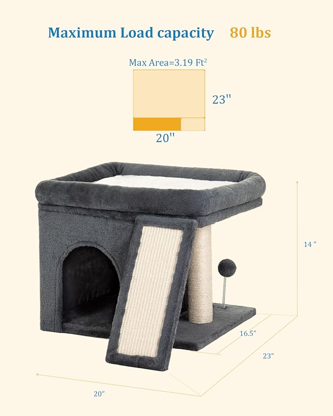 14'' Cat Tree Tower for Indoor Large Adult Cats, 20x16.5'' Big Perch Bed, Sisal Scratcher, Condo Cave for Small Medium Kittens, Dark Gray
