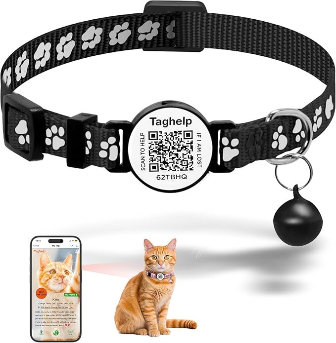 Collar with QR Code,Reflective Cat Collar with Name Tag, Personalized Reflective Cat Collar Breakaway with Bell for Boy & Girl Kitten, Ultra-Durable, Quick Release, Fits Most Girl Boy Cats(Black)