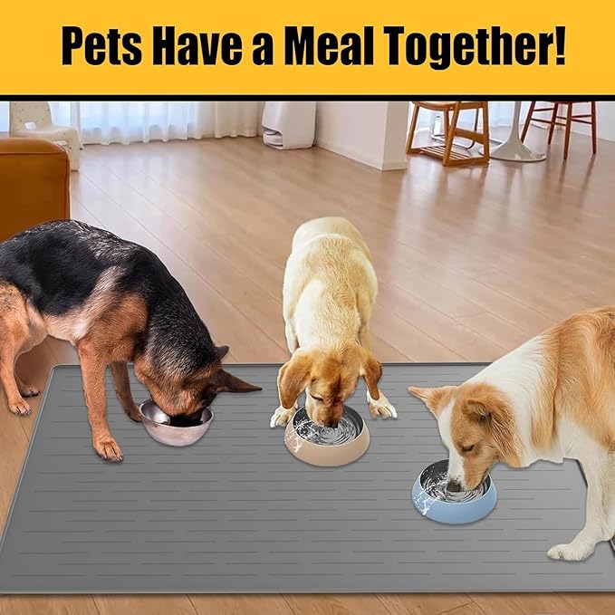 51.2"x25.6"(130cm×65cm) Largest Dog Food Mat, XXXXL Silicone Dog and Cat Mat for Food and Water Bowls, Thinken Waterproof Non-Slip XXXL Pet Feeding Mat for Floors, Dark Gray