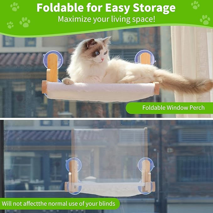 Cat Window Perch with Wooden Frame – Aloxina Foldable Cat Hammock Bed for Indoor Cats, Soft Rabbit Fur Cover, Washable, Strong Suction Cups, No Drilling, Supports Large Cats