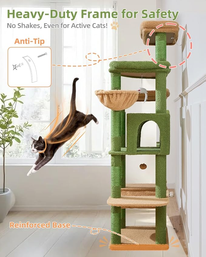 Taoqimiao 71 Inches Cat Tree for Large Cats 20lbs+, 3 Giant Perches, Multi-Level Cat Tree Tower, Widened Cat Condo with 9 Scratching Posts, Luxurious Hammcock & Basket, Cactus, MS034T