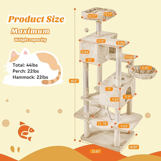 Sweetcrispy 66 inch Cat Tree Tower, Large Multi Level Cat Climbing Tower with Condo, Natural Sisal Scratching Posts, Extended Platform, Hammock, Pet House for Indoor Cats and Kittens Play, Beige