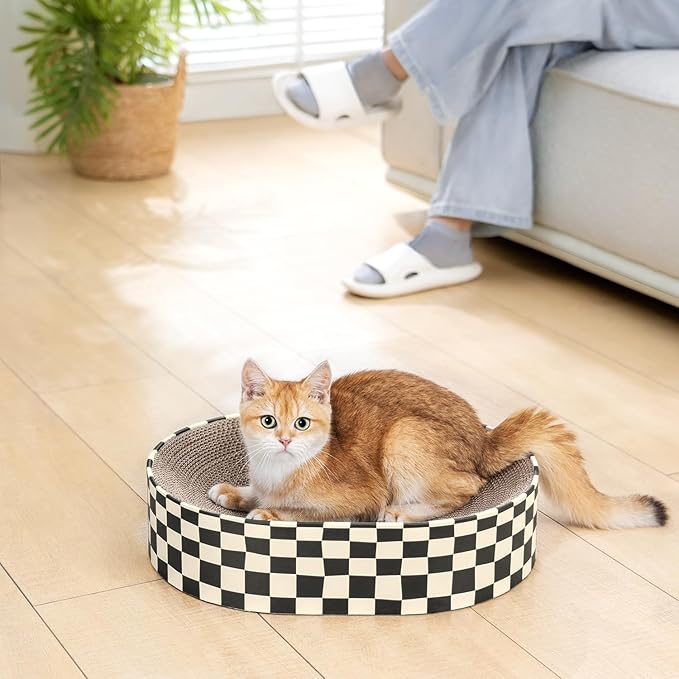 Cat Scratcher Cardboard,2 in 1 Oval Cat Scratch Pad Bowl for Indoor Kitty Grinding Claw,Round Kittens Scratching Board Corrugated Lounge Pet Beds&Furniture Protector for Sofas