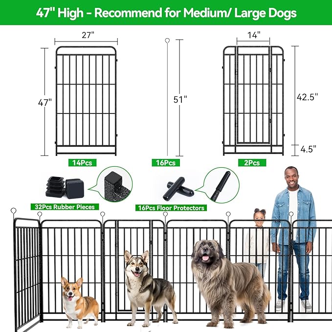 Heavy Duty Dog Playpen: 16 Steel Panels 47" Height, Square Steel Pipe with Reinforced Crossbars, 36FT 103 Sq.ft Portable Fence for Yard RV Camping, Snowy Black