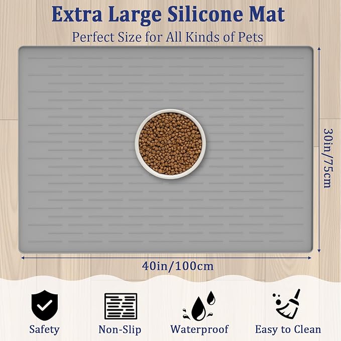 40"x30" XXL Silicone Dog Feeding Mat, 1.5MM Extra Thick Dog Bowl Mat for Food and Water, Large Non-Slip Placemat with High Edges for Dogs Bowls, Easy to Clean, Light Gray