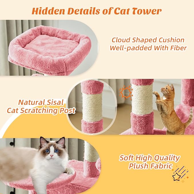 Sweetcrispy 44 inch Cat Tree Tower, Small Cat Climbing Tower with Condo, Natural Sisal Scratching Posts, Extended Platform, Hammock, Pet House for Indoor Cats and Kittens Play, Pink