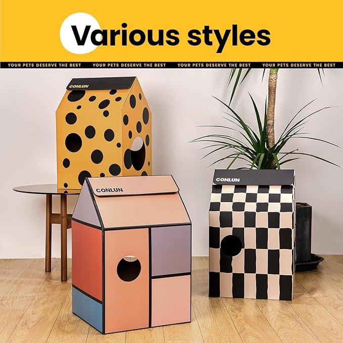 Cardboard Cat House with Scratch Pad & Catnip, Cat Play Scratching House for Indoor Hideaway Furniture, Heavy Duty Sturdy Cardboard Scratcher, Easy to Assemble Birthday Gift, Medium, 2 Pack