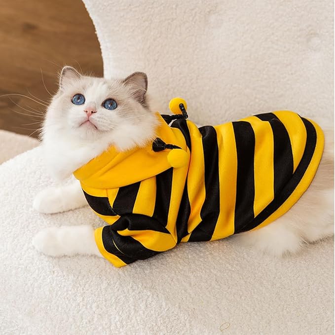 DENTRUN Sphynx Hairless Cats Costume Funny Bee Warm Winter Sweater Cute Pullover Kitten Shirts Breathable Cat Leisure Wear Turtleneck Vest Adorable Cat's Clothes Jacket Pajamas Jumpsuit, XL