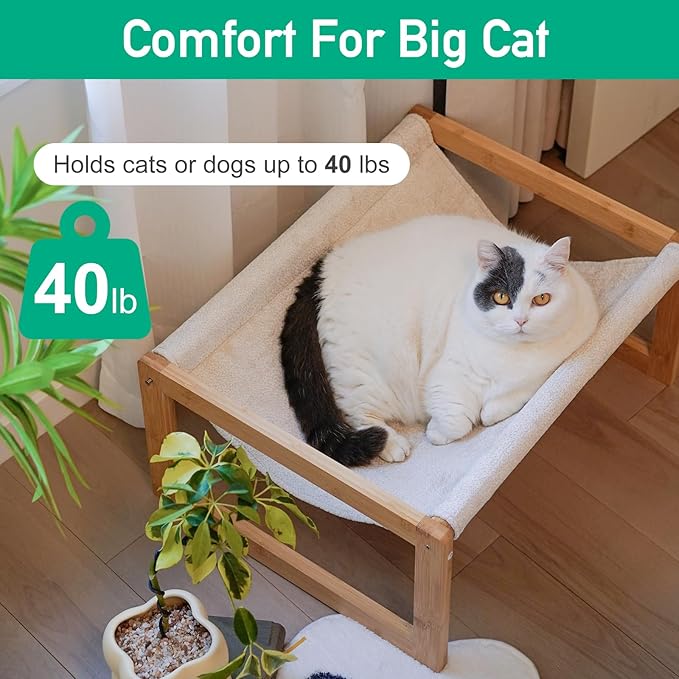 Large Cat Hammock Bed, Bamboo Wood Elevated Pet Hammock for Outdoor, 21 X 16.5 Inch Suitable for Kitty, Puppy, Rabbit, Bunny and Small Animal