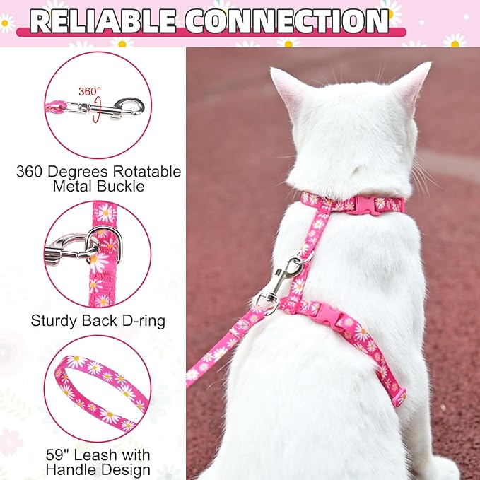 KOOLTAIL Cat Harness and Leash Set, Escape Proof Adjustable Kitten Harness for Walking Travel, Safe & Easy Control Outdoor, Lightweight Soft Pet Harness for Small Medium Large Cats, Daisy Rose