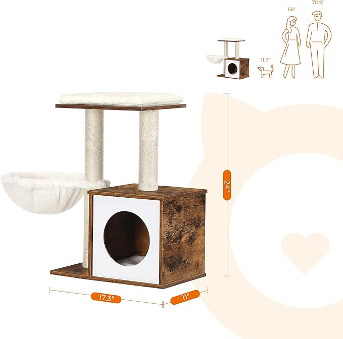 FEANDREA Small Cat Tree for Kittens, Modern Cat Tower for Indoor Cats, Cat Condo with Scratching Posts, Removable Washable Cushions, Rustic Brown UPCT122X01