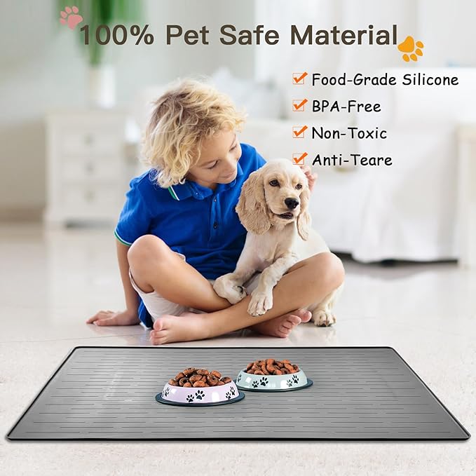 Largest Dog Food Mat, 39.5"x29.5" Silicone Dog and Cat Mat for Food and Water Bowls, Thinken Waterproof Non-Slip XXXL Pet Feeding Mat for Floors (Dark Gray)