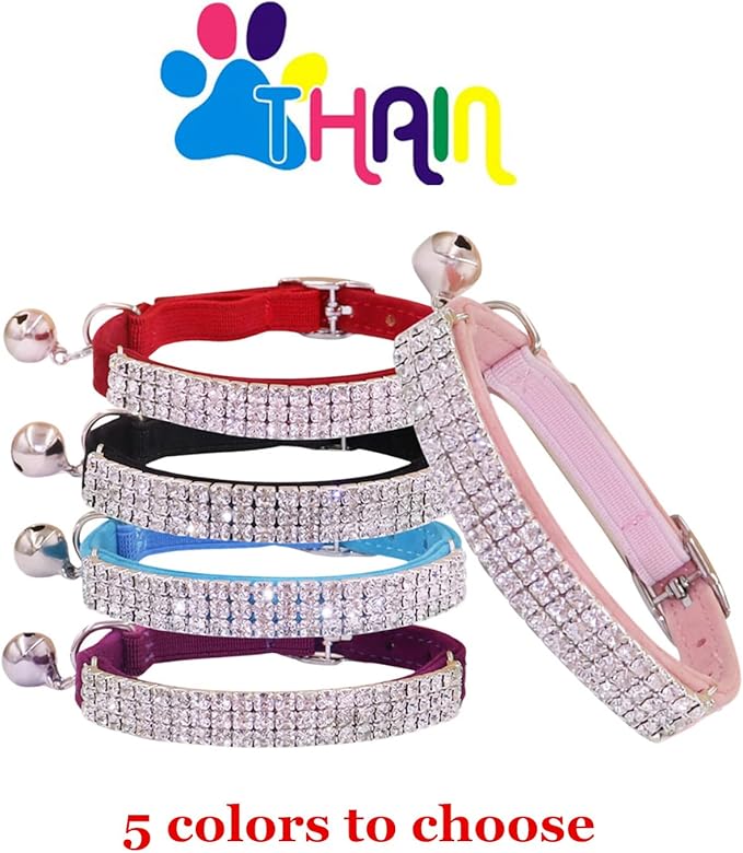 THAIN Rhinestones Cat Dog Collar Soft Velvet Safe Adjustable Collar Bling Diamante with Bells, 8-11 inch for Small Dogs and Cats (Light Blue)