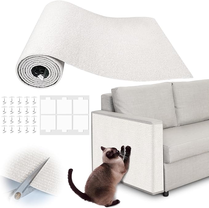 Cat Scratch Furniture Protector - 78.7" x 13.8" Trimmable Self-Adhesive Cats Claws Scratch Pads, DIY Cat Climbing Couch Protector for Scratch Post Cat Tree Replacement Indoor (Cream White)
