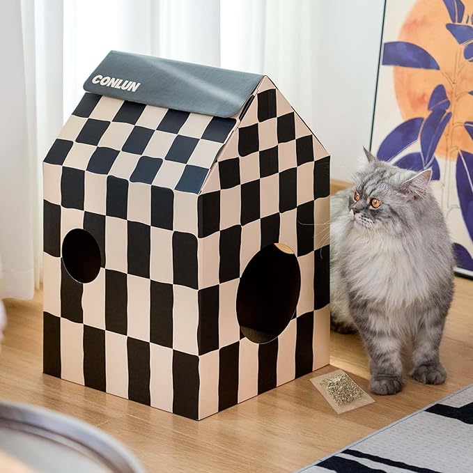 Cardboard Cat House with Scratch Pad & Catnip, Cat Play Scratching House for Indoor Hideaway Furniture, Heavy Duty Sturdy Cardboard Scratcher, Easy to Assemble Birthday Gift, Medium