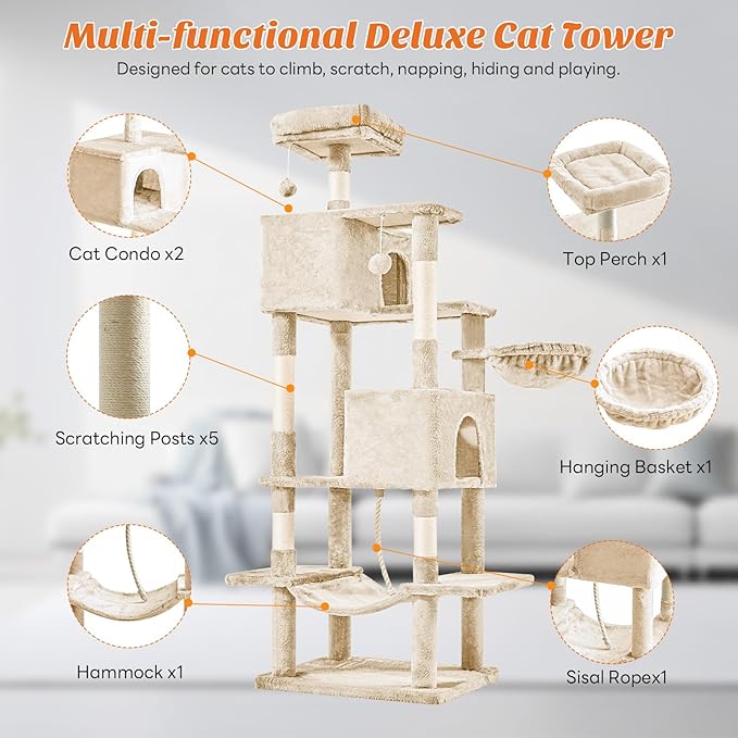 Sweetcrispy 66 inch Cat Tree Tower, Large Multi Level Cat Climbing Tower with Condo, Natural Sisal Scratching Posts, Extended Platform, Hammock, Pet House for Indoor Cats and Kittens Play, Beige