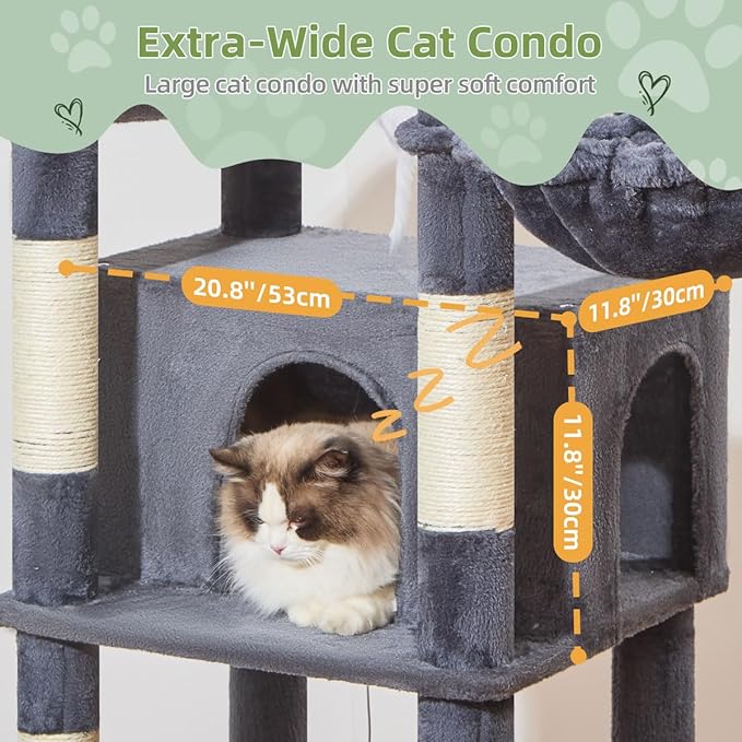 Taoqimiao 71 Inches Cat Tree for Large Cats 20lbs+, 3 Giant Perches, Multi-Level Cat Tree Tower, Widened Cat Condo with 9 Scratching Posts, Luxurious Hammcock & Basket, Smoky Gray, MS034G