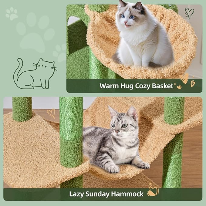 Taoqimiao 71 Inches Cat Tree for Large Cats 20lbs+, 3 Giant Perches, Multi-Level Cat Tree Tower, Widened Cat Condo with 9 Scratching Posts, Luxurious Hammcock & Basket, Cactus, MS034T