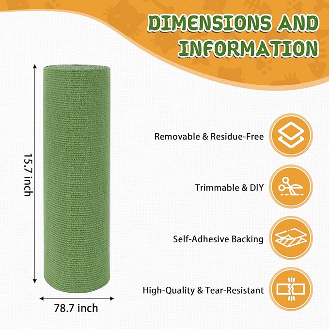 Climbing Cat Scratcher Mat Trimmable Cat Scratching Post Carpet 78.7’’x15.8’’ Self Adhesive Carpet Mat Pad Replacement for Cat Tree Shelves Post Couch Wall Furniture Steps DIY Protector (Green)