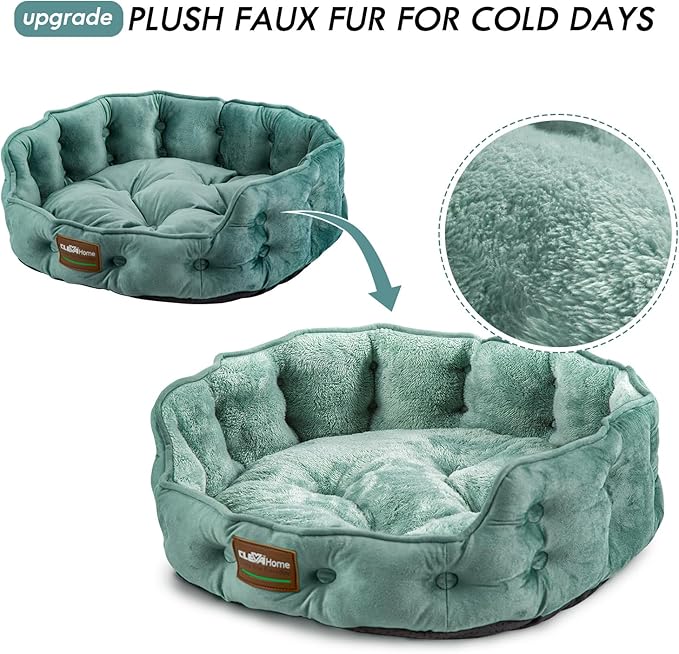 ClevaHome Upgrade Plush Faux Fur Cat Bed - Washable Round Cat Beds for Indoor Cats, Small Dog Bed for Pets up to 15lbs, Reversible Cushion, Non-Slip Bottom (Washed Green)