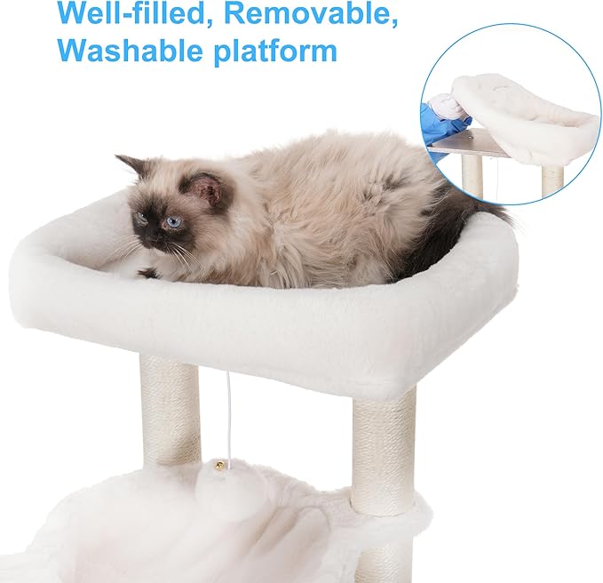 Hey-brother Cat Tree with Litter Box Enclosure, Modern Cat Tower for Indoor Cats with Large Platform, Condo Food Station and 2 Hammocks, All-in-one Cat Furniture, Wood Rustic Gray MPJ115SG