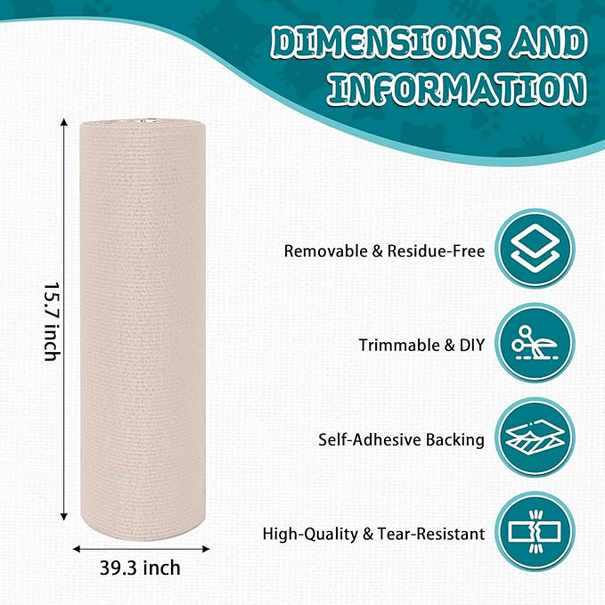 Climbing Cat Scratcher Mat Trimmable Cat Scratching Post Carpet 39.3’’x15.8’’ Self Adhesive Carpet Mat Pad Replacement for Cat Tree Shelves Post Couch Wall Furniture Steps DIY Protector (Cream White)