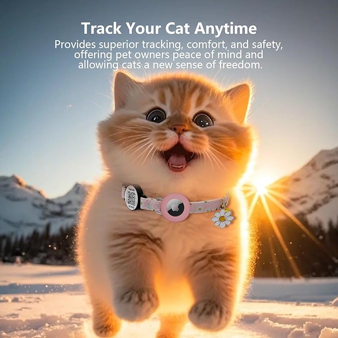 QR Code + Airtag Cat Collar, 2-in-1 Breakaway Safety Collar with Online ID & Apple AirTag Holder, Lightweight with Bell & Flower Charm for Cats, 8-13in (Pink)