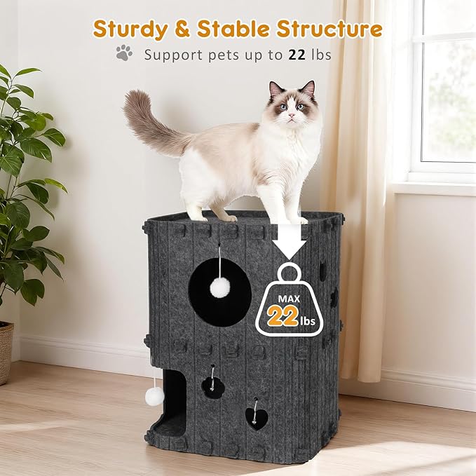 Cat House for Indoor Cats - 2-Story Enclosed Cat Bed Cave for Multiple & Large Cats, Felt Covered Pet Hideaway Tunnel Condo House, Kitty Hut Hideout Cube, Scratch Resistant, Gray