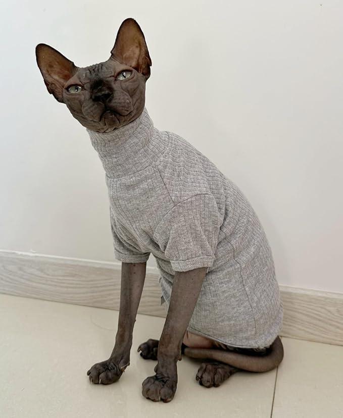 Sphynx Hairless Cats Shirt Cotton Cat Turtleneck Sweater Pullover Kitten T-Shirts with Sleeves Cat Pajamas Jumpsuit for Sphynx Cornish Rex, Devon Rex, Peterbald (Medium (Pack of 1), Light Grey)