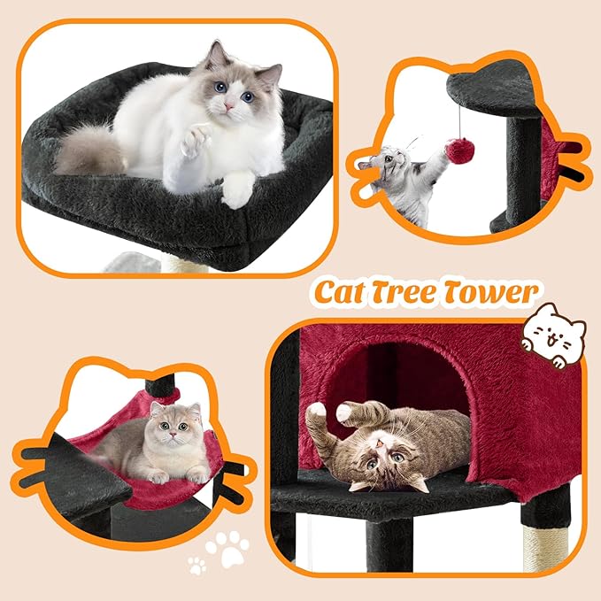 Sweetcrispy 44 inch Cat Tree Tower, Small Cat Climbing Tower with Condo, Natural Sisal Scratching Posts, Extended Platform, Hammock, Pet House for Indoor Cats and Kittens Play, Black and Red