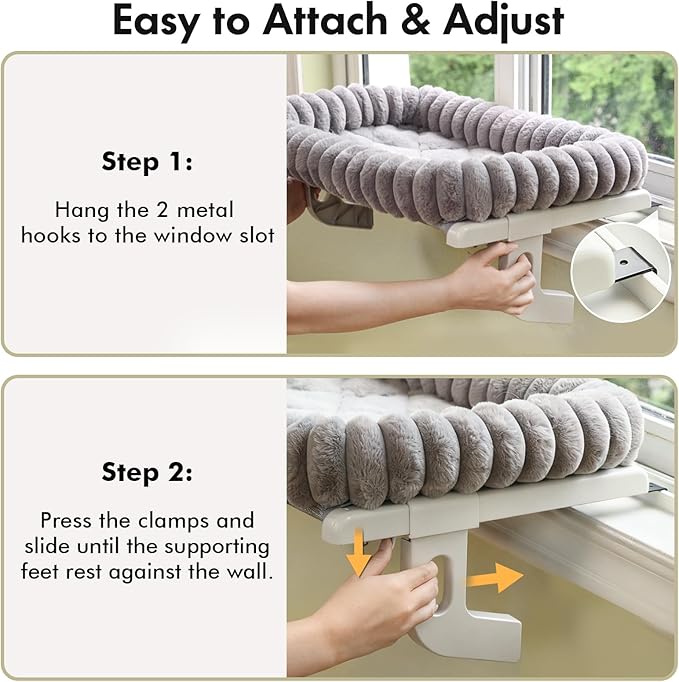 Cloud-Cuddle Cat Window Perch with 4-Sided Bolster, Zipper Design Cushion Window Seat for Window Sill, Sturdy Metal Frame & Easy Assembly Pet Hammock Bed for Indoor Cats (Gray, Large)