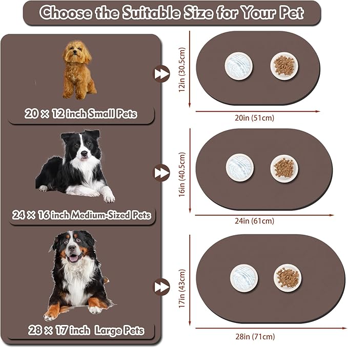Cat Food Mat 24''x16'', Absorbent Cat Mats for Food and Water, Non-Slip Rubber Mat for Cats Bowls, Easy Store Pet Food Placemat, Mats for Under Cats Food Bowls, Fit with Kitchen, Living Room, Brown