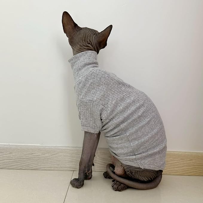 Sphynx Hairless Cats Shirt Cotton Cat Turtleneck Sweater Pullover Kitten T-Shirts with Sleeves Cat Pajamas Jumpsuit for Sphynx Cornish Rex, Devon Rex, Peterbald (Large (Pack of 1), Light Grey)