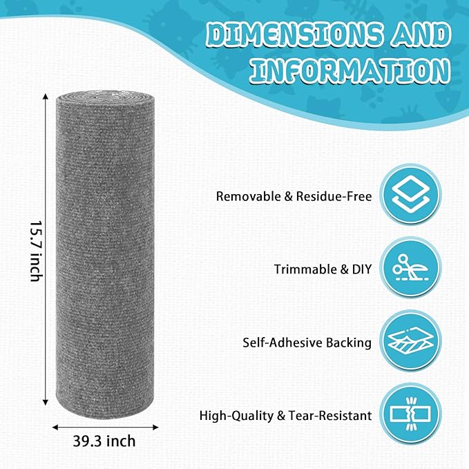 Climbing Cat Scratcher Mat Trimmable Cat Scratching Post Carpet 39.3’’x15.8’’ Self Adhesive Carpet Mat Pad Replacement for Cat Tree Shelves Post Couch Wall Furniture Steps DIY Protector (Light Gray)